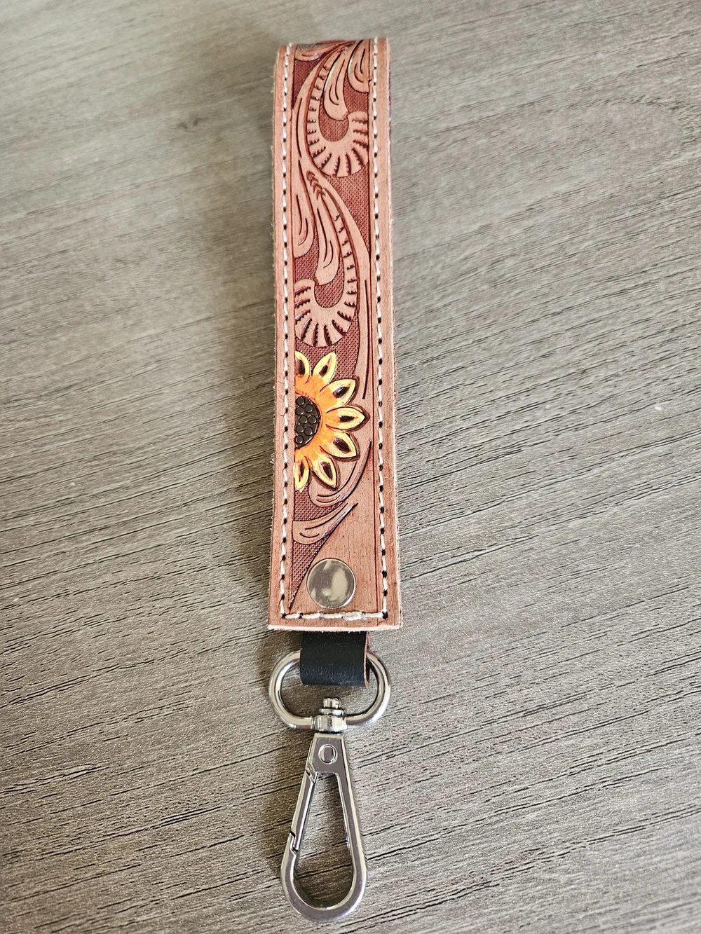 Sunflower Genuine Tooled Leather Wristlet Keychain - Tan - NWOT